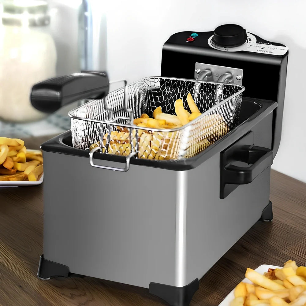 Silver 3-litre french fries fryer with Teflon non-stick coating and mechanical timer