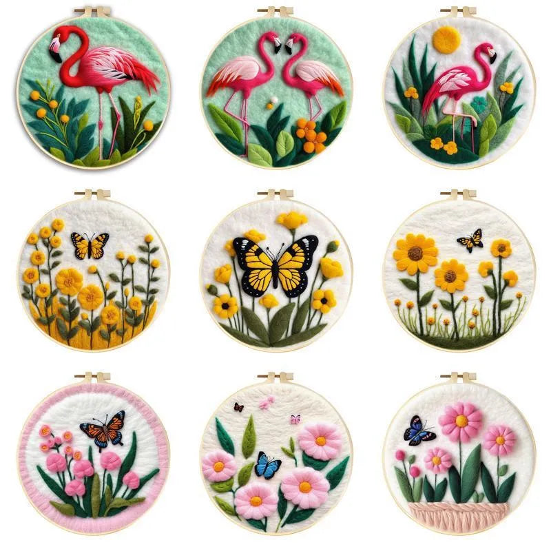 Round three-dimensional embroidery kit with linen fabric, wool felt pieces, and embroidery frame for 20x20 cm blanket painting