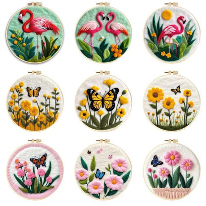Round three-dimensional embroidery kit with linen fabric, wool felt pieces, and embroidery frame for 20x20 cm blanket painting