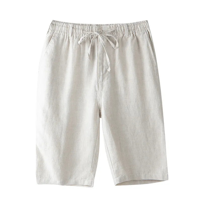 Men's loose-fit linen capri pants in a straight-leg style on a white background