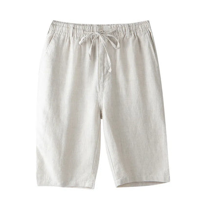 Men's loose-fit linen capri pants in a straight-leg style on a white background