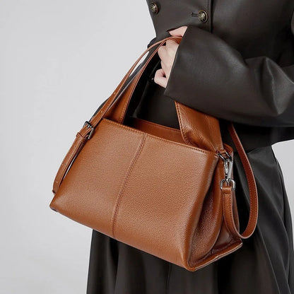 Women's genuine leather messenger bag in horizontal square shape with retro texture cowhide and shoulder straps