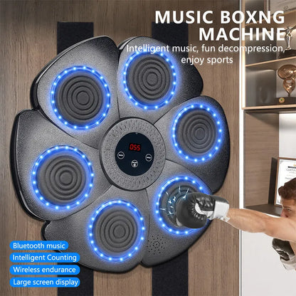 Black smart boxing wall target with LED lights, includes half-finger boxing gloves and charging cable for indoor training
