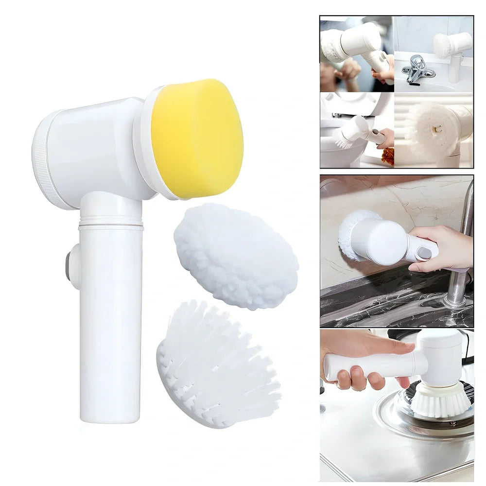 Electric cleaning brush with five interchangeable heads and rechargeable battery for kitchen and bathroom surfaces