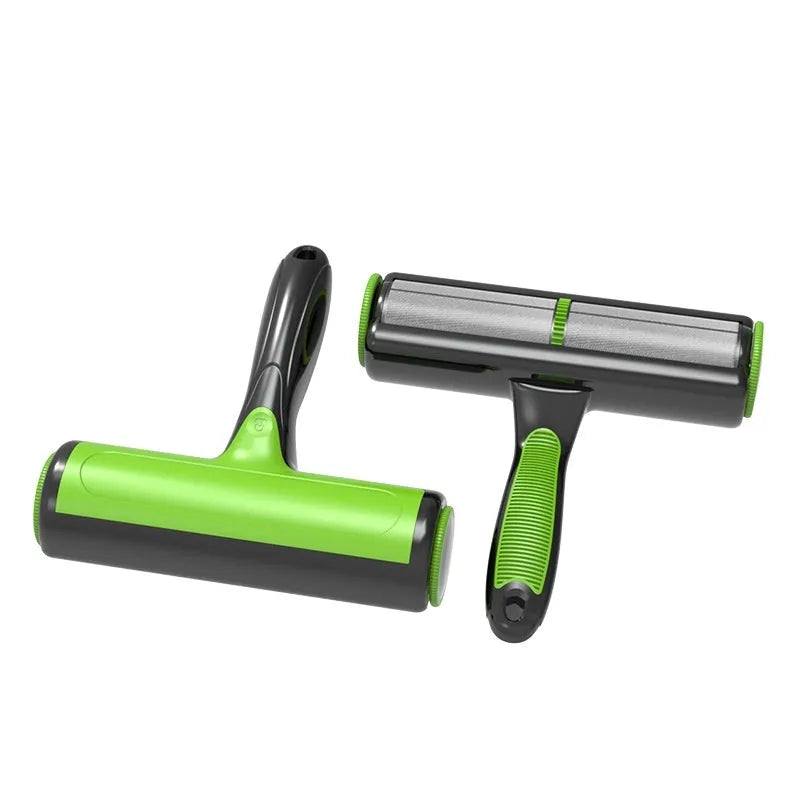 Pet hair lint roller with automatic cleaning function for sofas, showing ABS and polyester brush construction