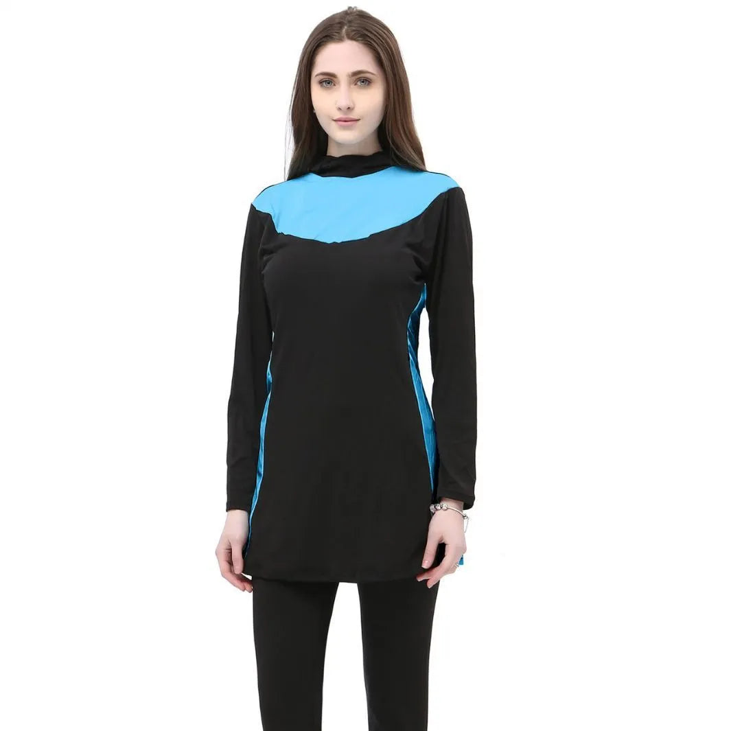 Conservative black women's swimsuit with long sleeves, a hood, and rose red trim.