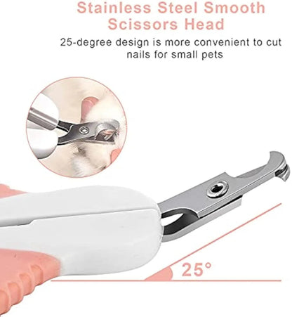 Grey and pink handled cat nail clippers with angled blade and safety lock for small pets