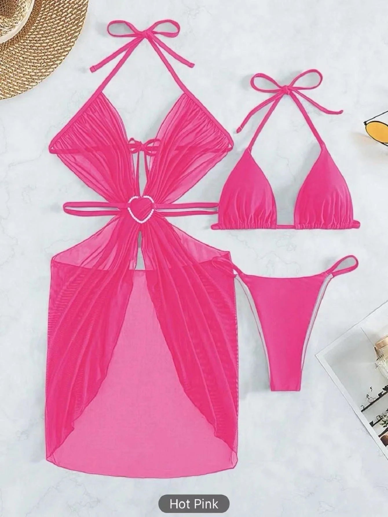 3-piece halter neck bikini set in black, white, blue, and dark pink for beach and summer wear