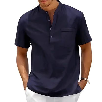 Men's solid colour short sleeve polo shirt with stand collar and loose fit, bird eye cloth, summer top.