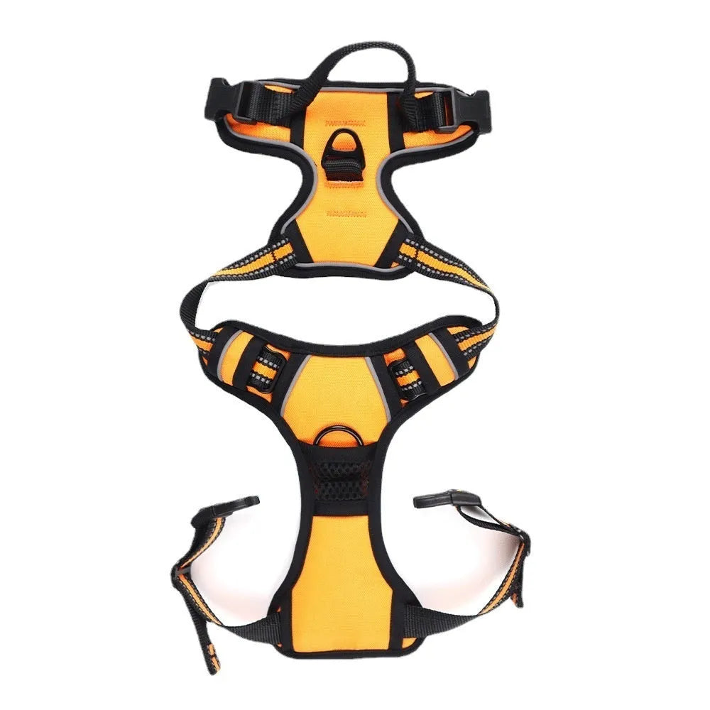 Adjustable Oxford cloth dog chest harness shown in multiple colours including red, blue, and green.