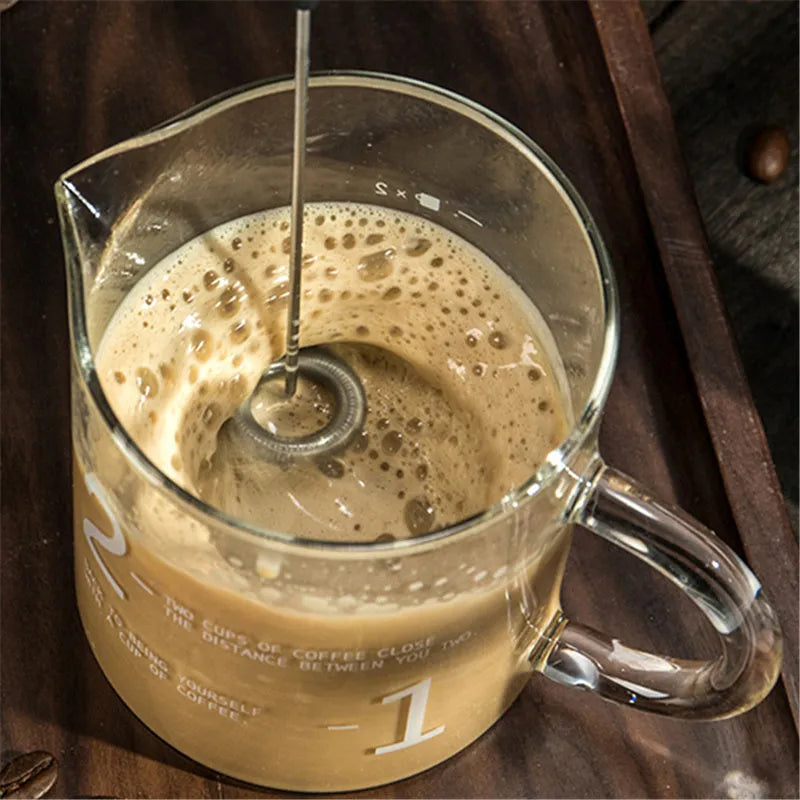 Silver handheld electric milk frother with detachable stainless steel whisk head