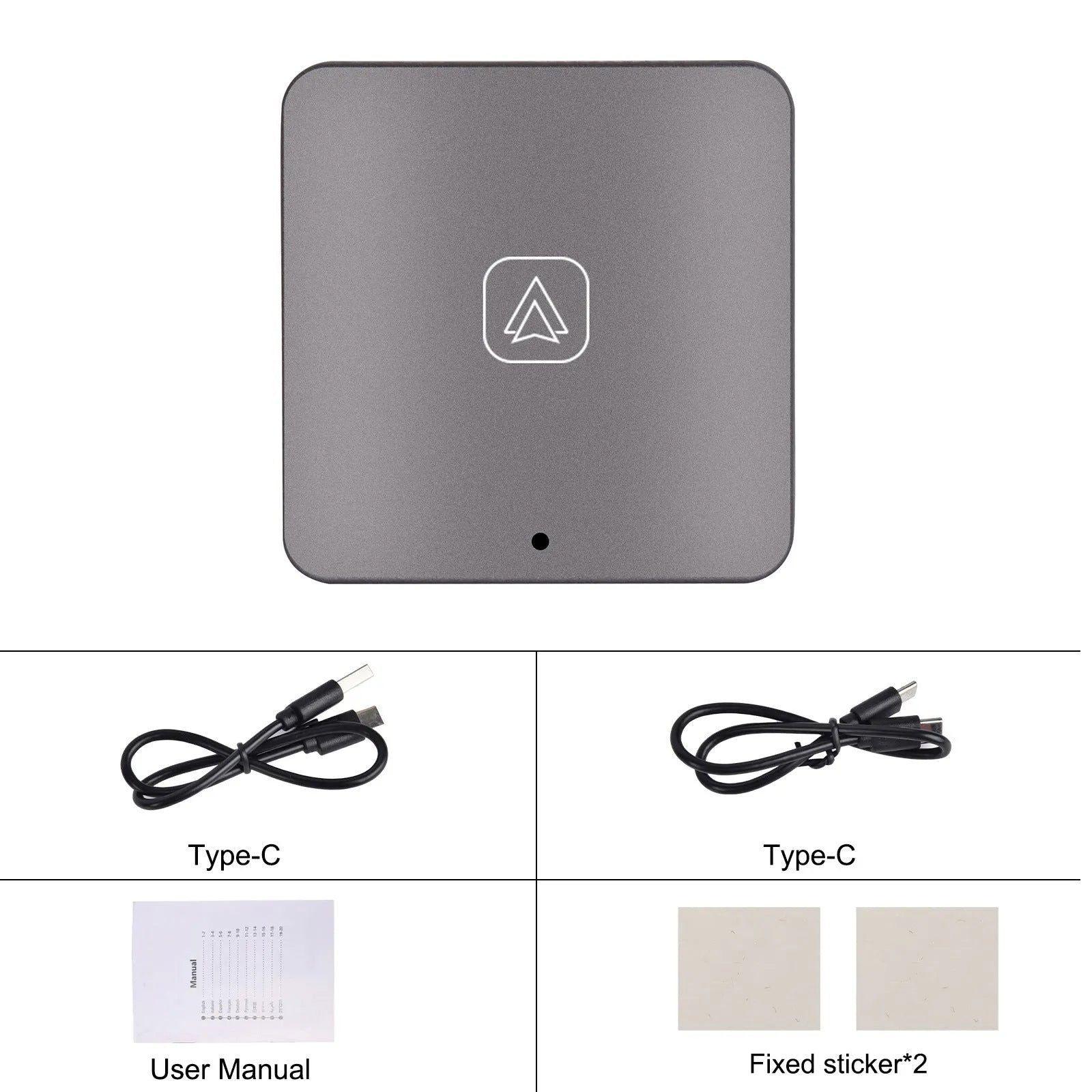 Black universal wireless CarPlay and Android Auto adapter module with connection cables.