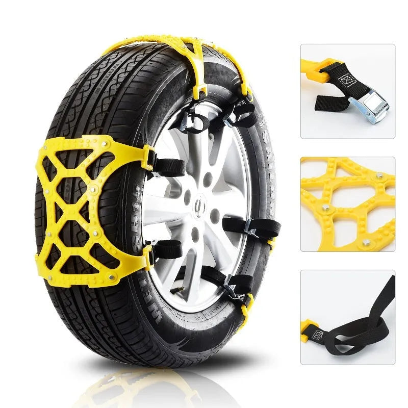 Yellow 6-piece polyurethane car snow chains for cars, vans and off-road vehicles on snow