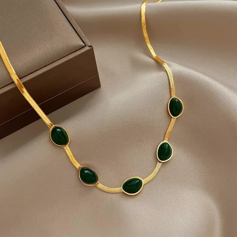 Boho green stone crystal snake chain multilayer necklace and bracelet set for women