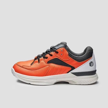 Orange men's wide fit tennis shoes with suede and mesh upper, lace-up closure, and rubber outsole.