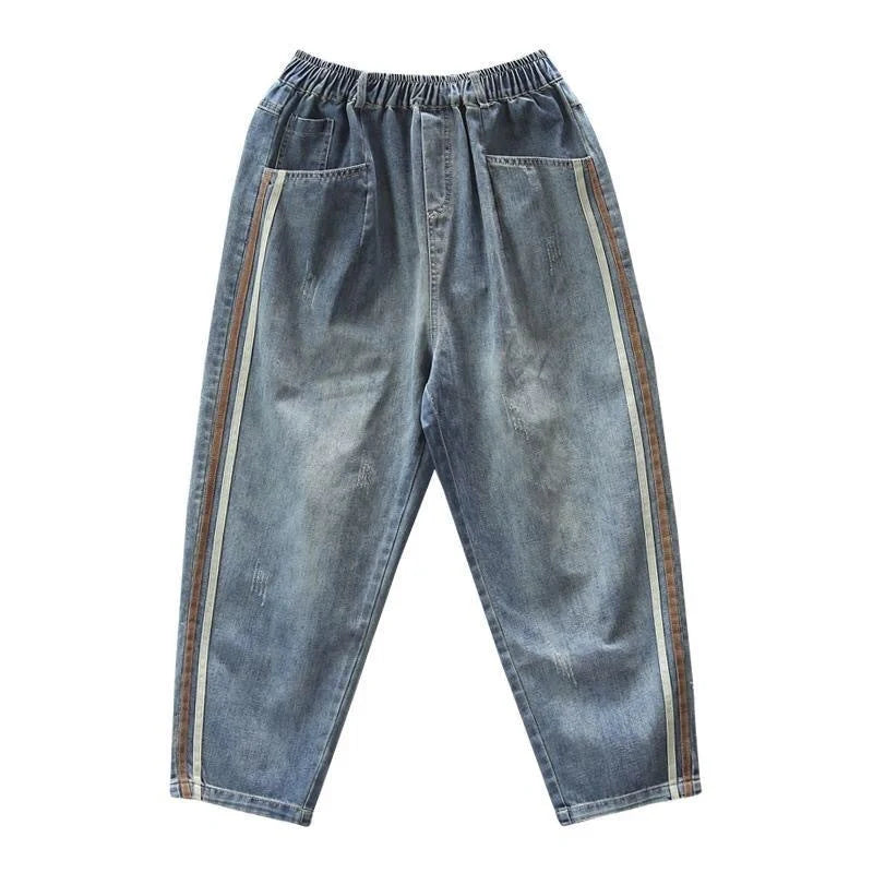 Navy blue cotton patchwork jeans with side stripes, Japan and Korea leisure style