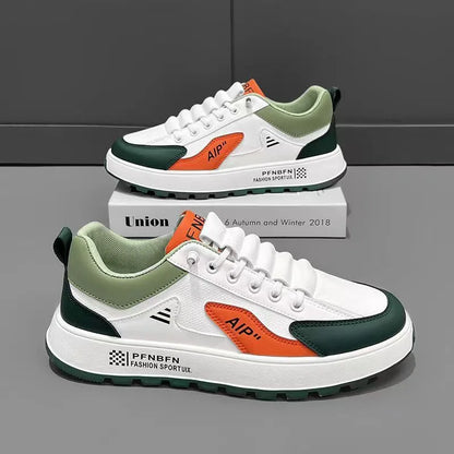 Men's casual shoes in artificial PU, shown in white-orange, white-black, and white-brown colours with a round toe.