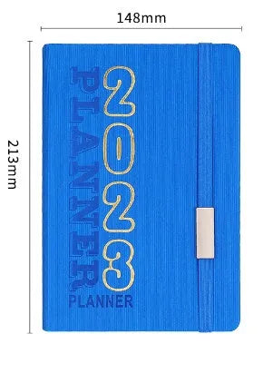 Creative student almanac calendar with imitation leather cover open to show weekly layout