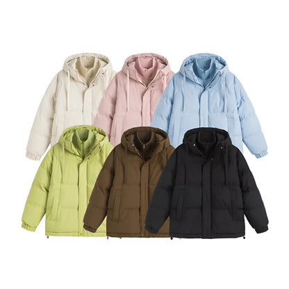 Loose winter cotton-padded coat in mustard yellow with side pockets and cardigan style
