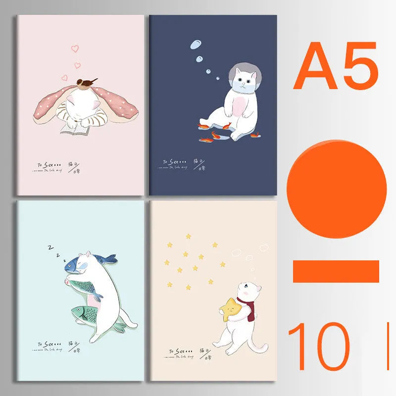 Pack of ten A5 kraft paper thread-bound notebooks with artistic cover designs lying flat.