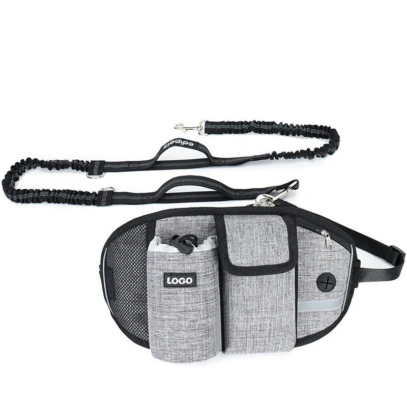 Hands-Free Dog Walking Waist Bag with Adjustable Belt, Drawstring Closure, and Mesh Pockets for Outdoor Adventures