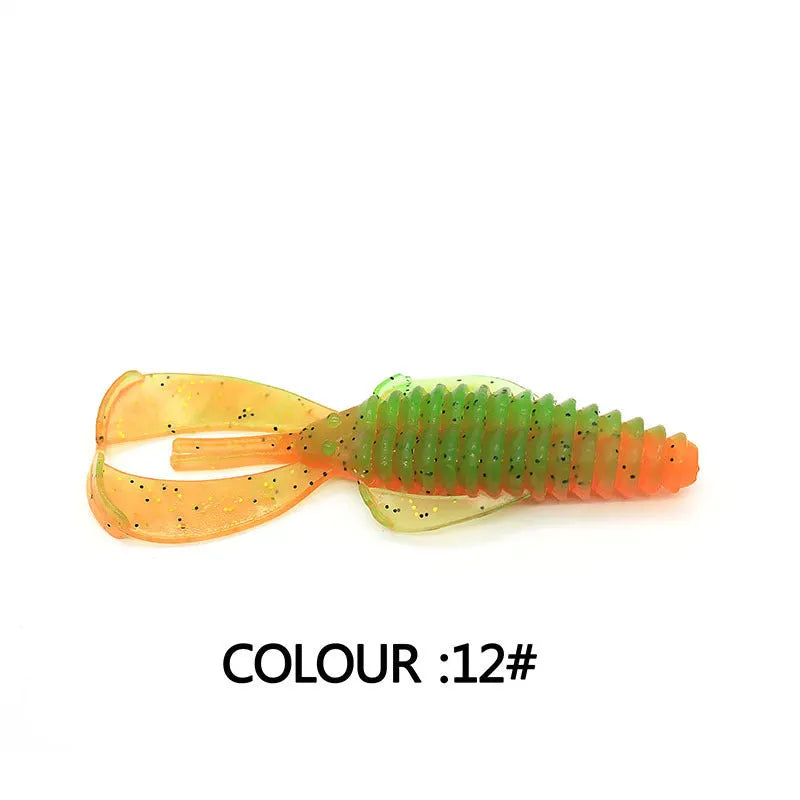PVC soft plastic fishing lure in assorted colours showing 8cm and 12cm size options for artificial bait fishing.