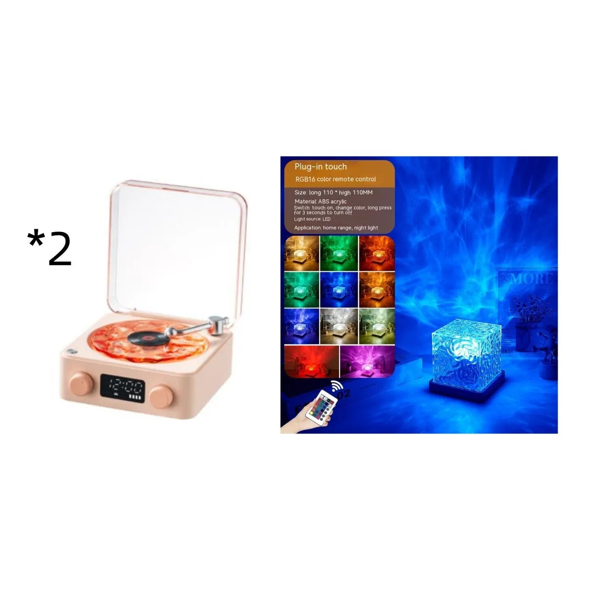 Retro-style turntable Bluetooth speaker with glowing RGB light projection on a wooden surface.