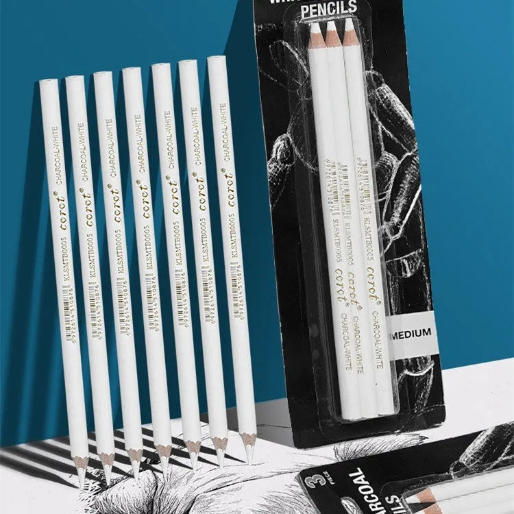 Three white charcoal pencils with wooden barrels for sketching on dark paper, 144 sets per box