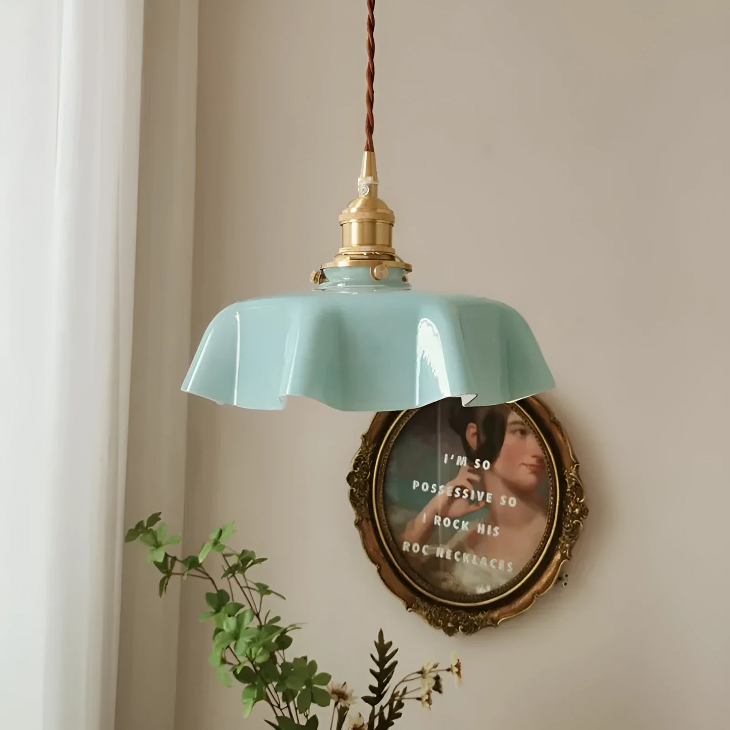 Medieval French brass flower bud chandelier with glass body and adjustable hanging chain