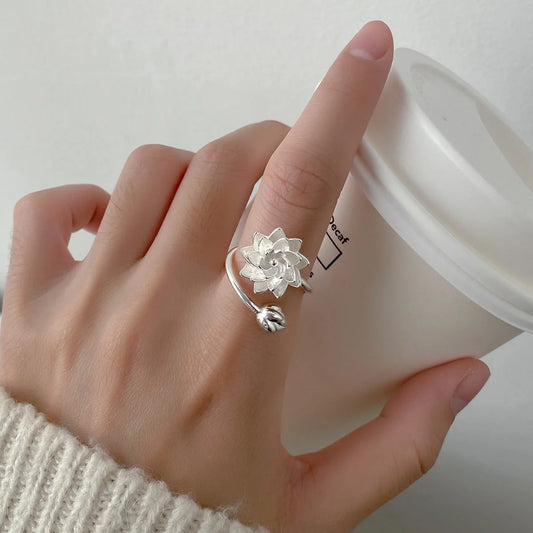 Adjustable silver lotus ring with Chinese elegance and electroplated finish