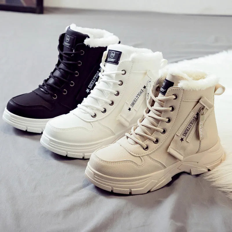 Women's plus size fleece-lined snow boots in tall crown design with mid heel and lace-up front