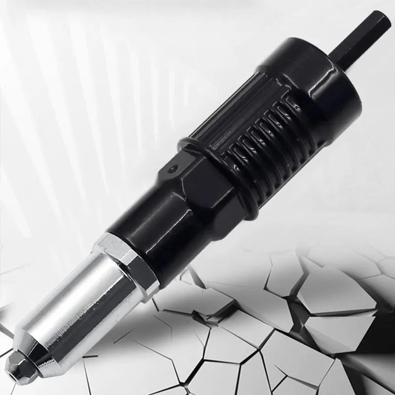 Alloy steel electric drill rivet gun adapter kit with four rivet heads and a wrench.