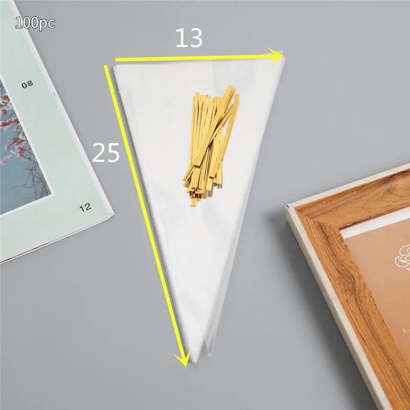 Triangle clear plastic bag with integrated tie wire closure in 13x25cm, 16x30cm, or 18x37cm sizes
