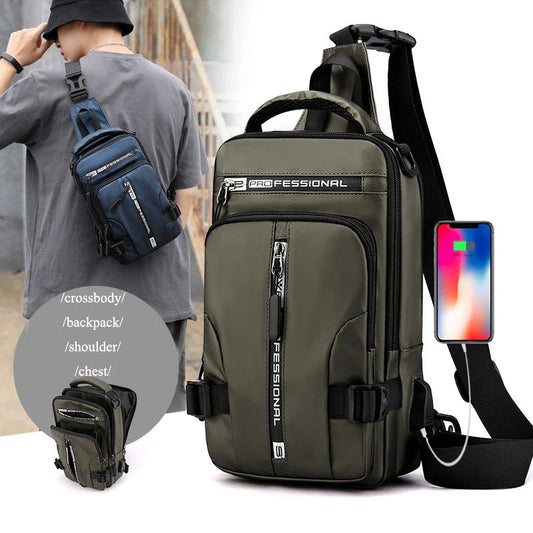 Versatile men's crossbody bag with multifunctional backpack, shoulder, and chest pack design in various colors