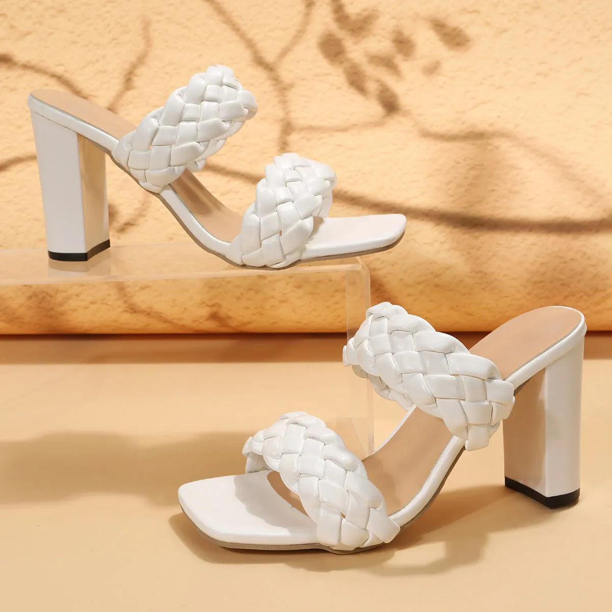 Square toe flip-flops with woven twisted straps and chunky heel in apricot colour