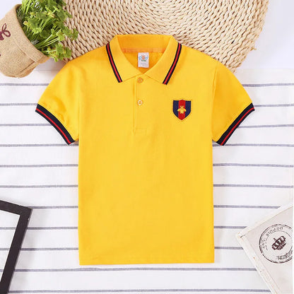 Boys' cotton short sleeve lapel collar shirt in red, navy blue, bright yellow, or off-white, sizes 90cm to 130cm.