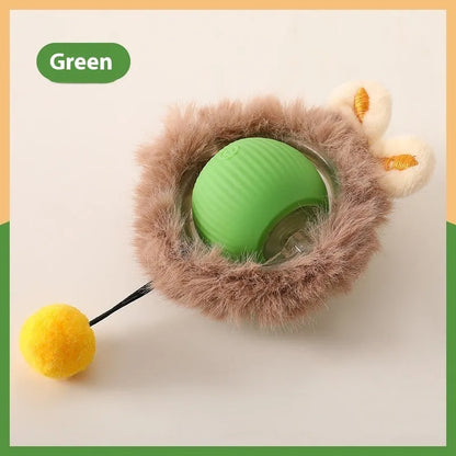 Silicone rolling ball cat toy showing red, green, and grey colour options with self-hi motion mechanism