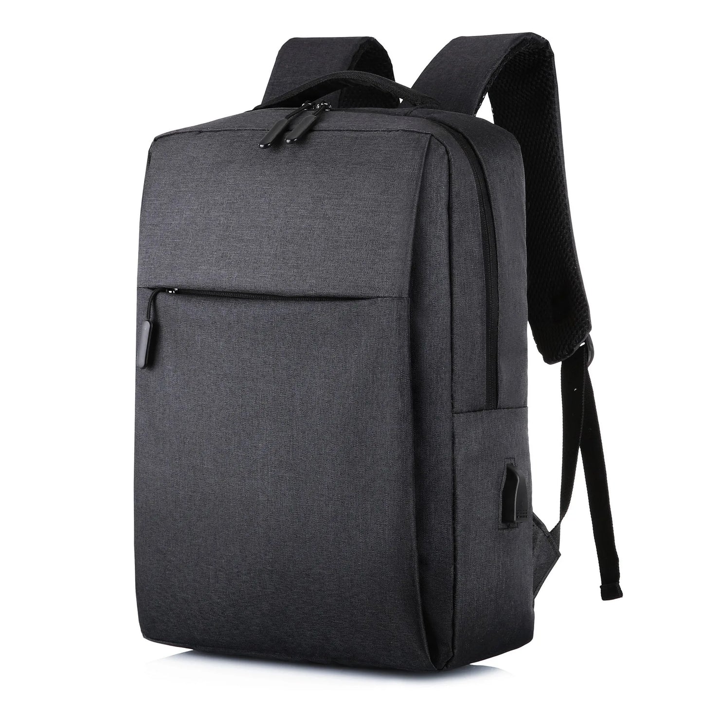 Large black Oxford cloth sports backpack with curved shoulder straps and USB charging port.