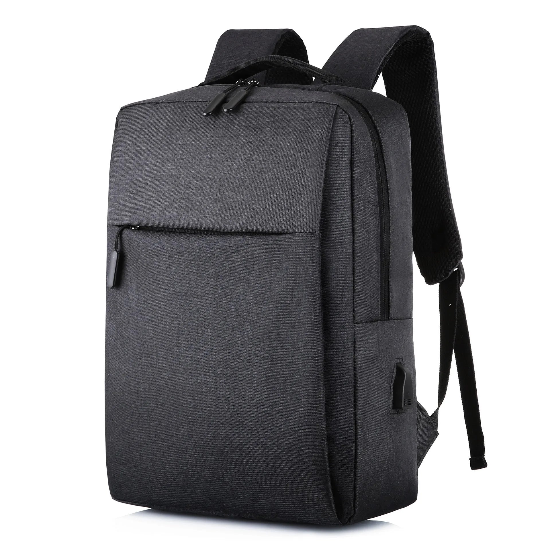 Large black Oxford cloth sports backpack with curved shoulder straps and USB charging port.