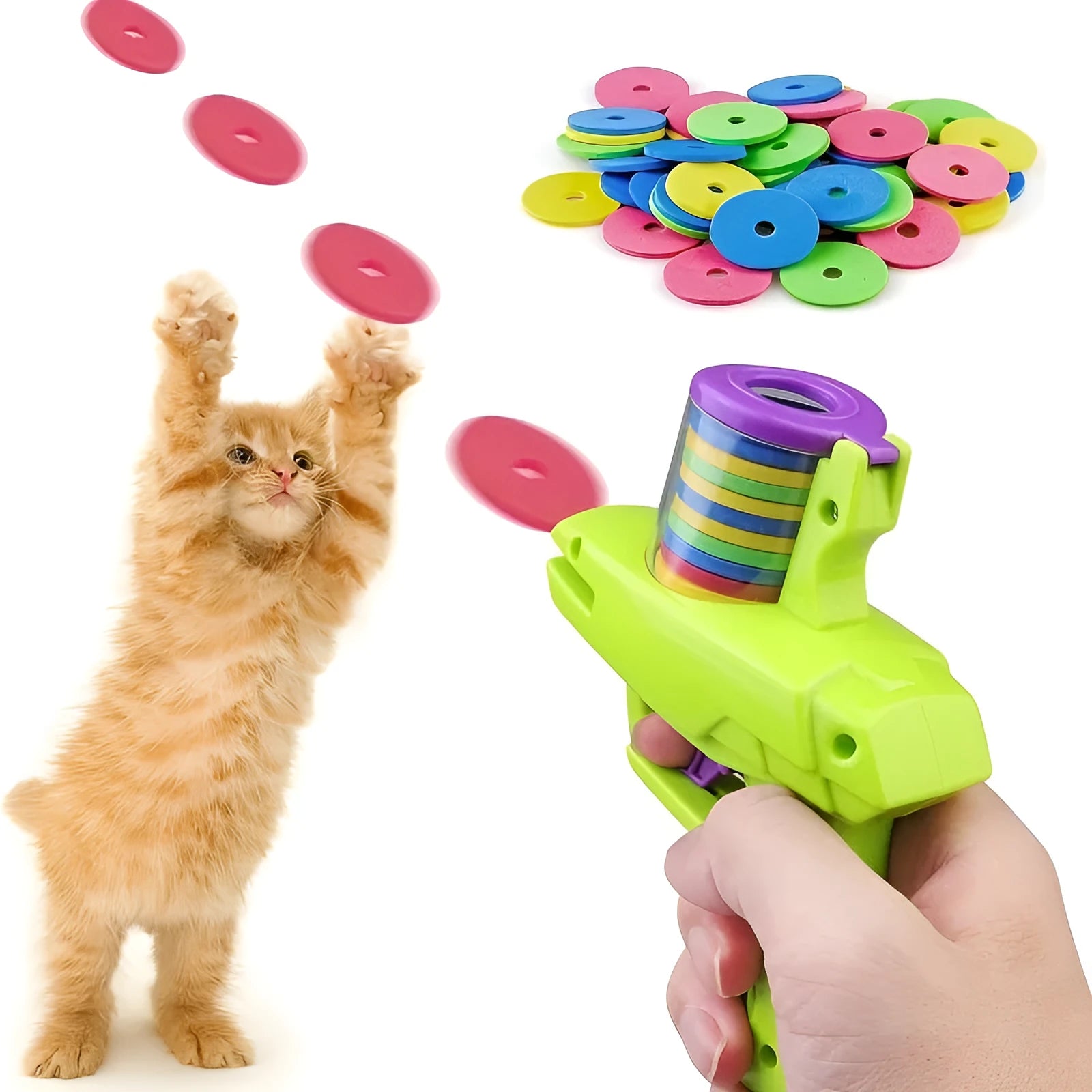 Green and purple durable plastic cat toy launcher for foam disc play without batteries