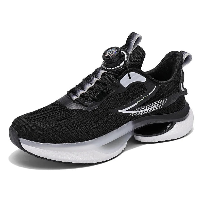 Men's white low-top running sneakers with a buckle fastener and mesh upper.