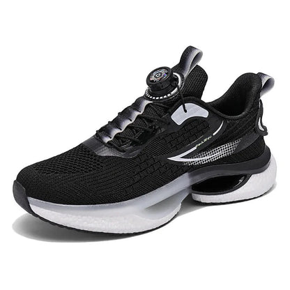 Men's white low-top running sneakers with a buckle fastener and mesh upper.