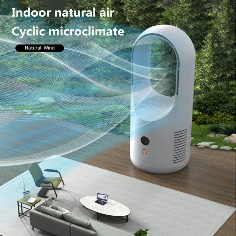 Ultra-quiet bladeless fan with adjustable settings, 360-degree air circulation, and rechargeable battery for desk or home use