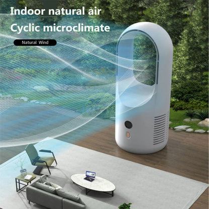 Ultra-quiet bladeless fan with adjustable settings, 360-degree air circulation, and rechargeable battery for desk or home use