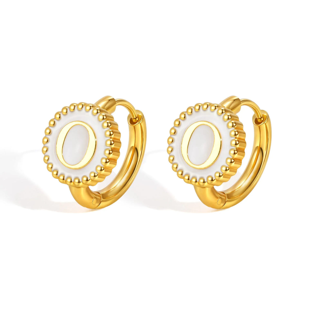 Round gold-tone letter earrings for women in stainless steel with electroplated finish, available in letters A to Z