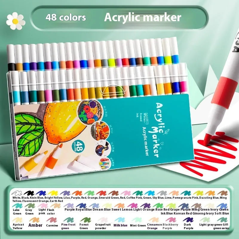 Boxed set of multicolour acrylic marker pens for student painting and artwork projects