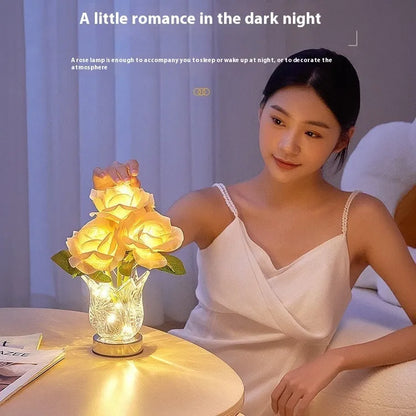 Modern crystal flowers design rechargeable touch dimming table lamp on a wooden surface.
