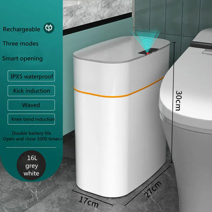 White smart induction trash can with automatic opening lid for kitchen or bathroom use