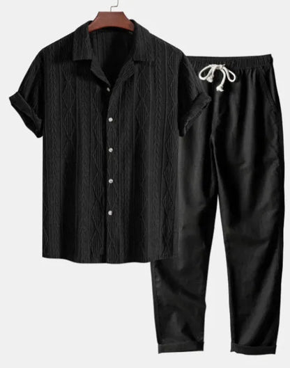 Men's camouflage print linen short-sleeved shirt and trousers set with cardigan lapel in slim-fit style