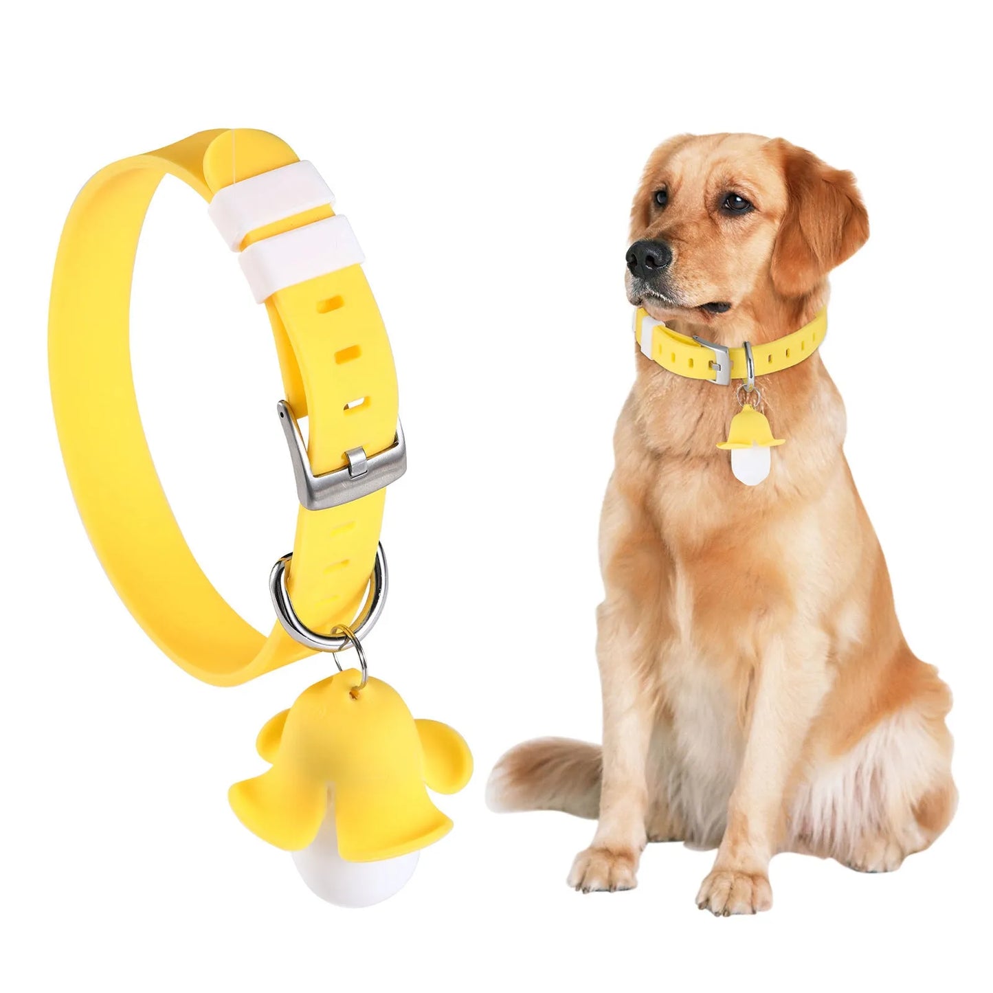 Yellow banana-shaped dog collar light with geometric patterns, USB rechargeable with luminous and sounding functions